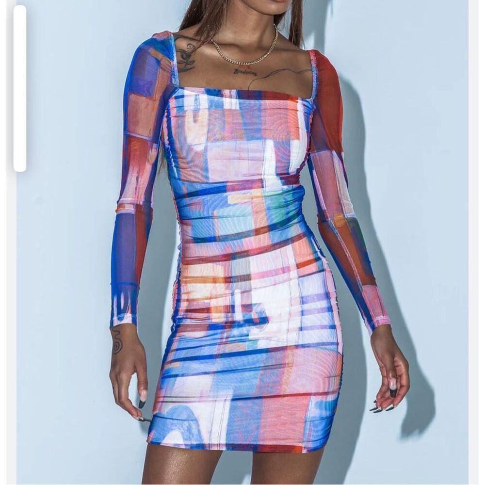 Princess poly multicolored long sleeve ruched body con mini dress size 4